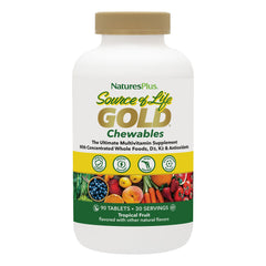 Bottle of NaturesPlus Source of Life Gold chewables (90 tablets) with tropical fruit flavor