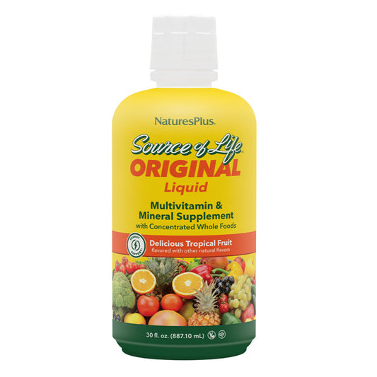 Front view of NaturesPlus Source of Life Liquid Tropical Fruit 30 fl oz 3-pack