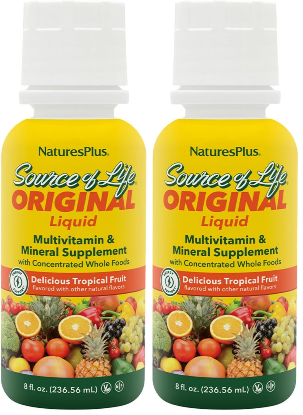Bottle of NaturesPlus Source of Life Liquid Tropical Fruit 8 fl oz pack of 2 – front view