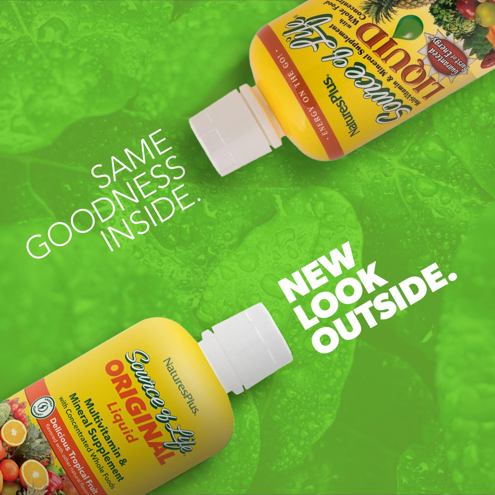 NaturesPlus Source of Life Liquid Tropical Fruit bottle packaging for on-the-go wellness.