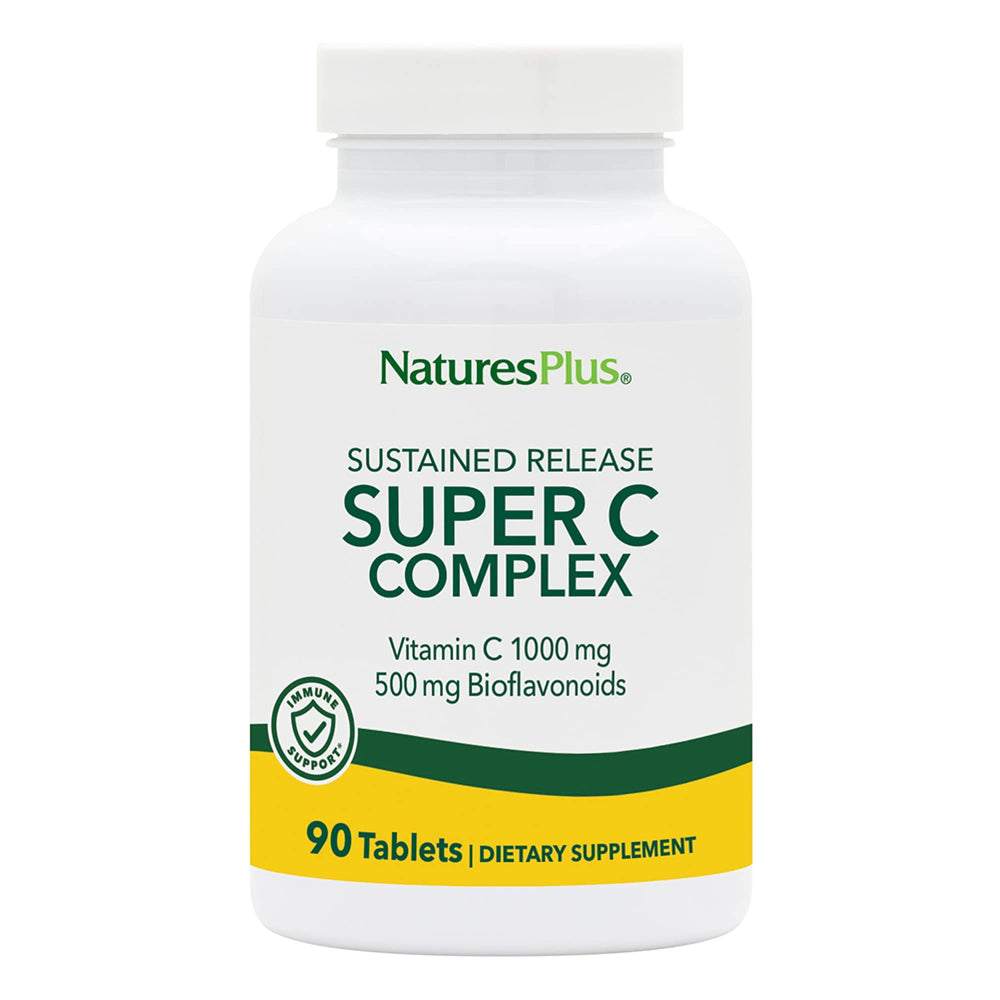 Front view of NaturesPlus Super C Complex bottle showing 1000 mg per serving and 90 vegetarian tablets