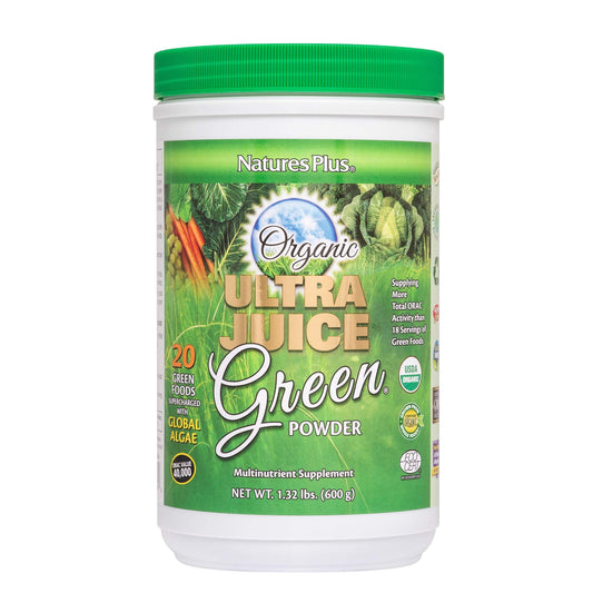 Product shot of NaturesPlus Ultra Juice Green Powder canister with label