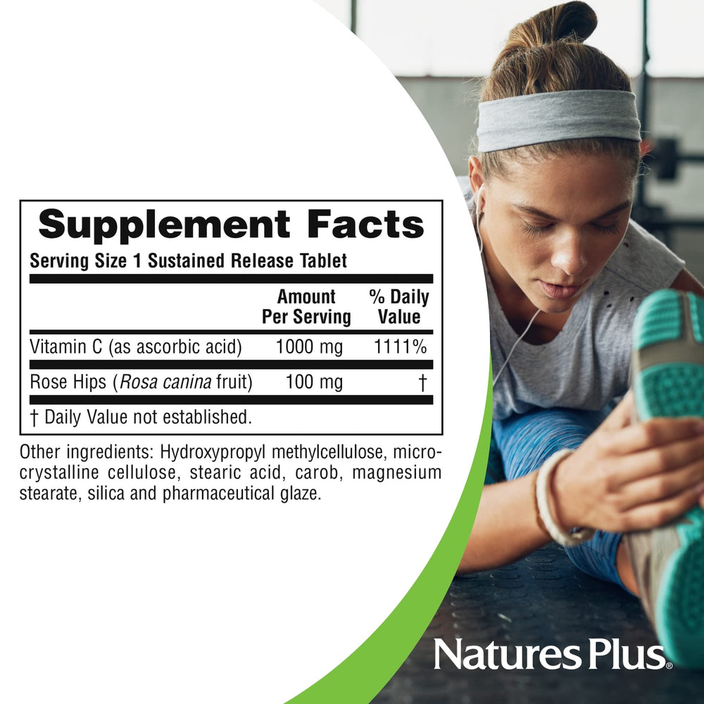 Sustained release 1000 mg Vitamin C label close-up