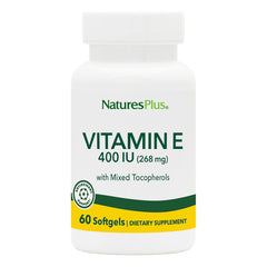 Front view of NaturesPlus Vitamin E 400 IU bottle with 60 softgels