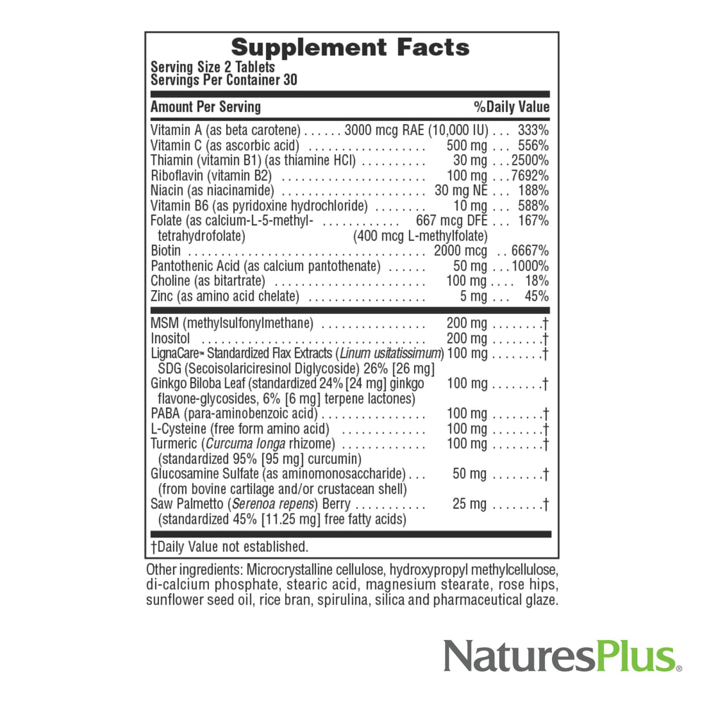 Biotin 400 mcg per serving label highlighting hair, skin and nails benefits