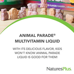 Serving of Animal Parade Tropical Berry liquid multivitamin for children