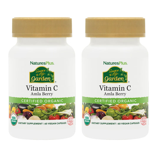 Front view of NaturesPlus Source of Life Garden Vitamin C 60 Vegan Capsules Pack of 2