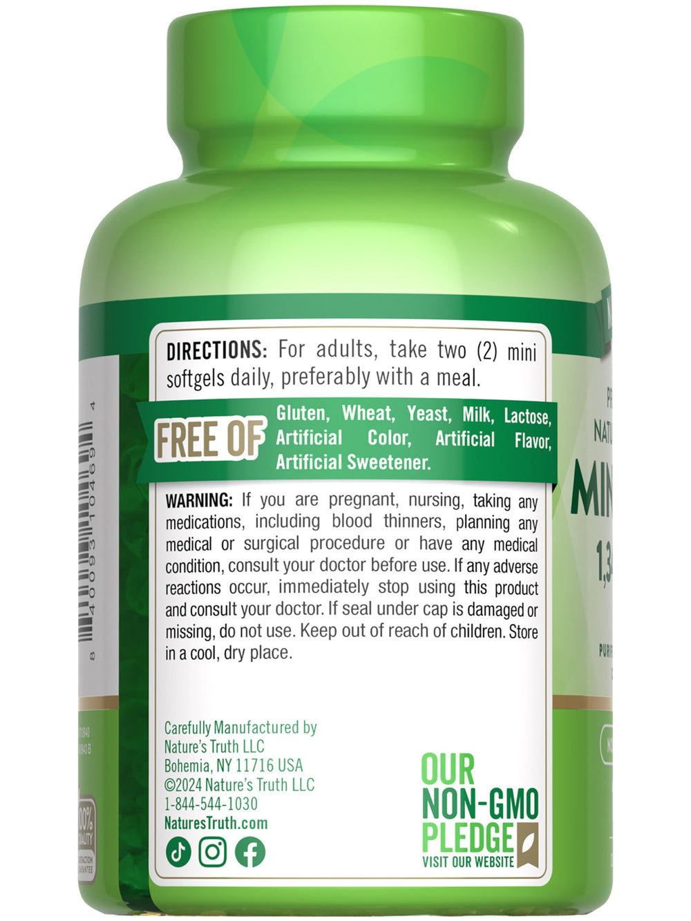 Non-GMO and gluten-free certification label for Nature's Truth fish oil