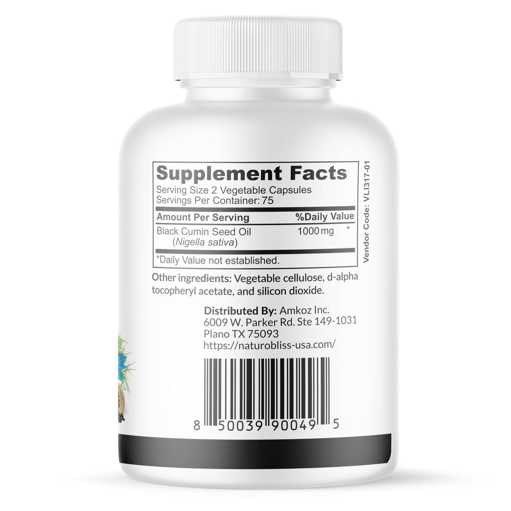 Back label of NaturoBliss black seed oil softgel bottle