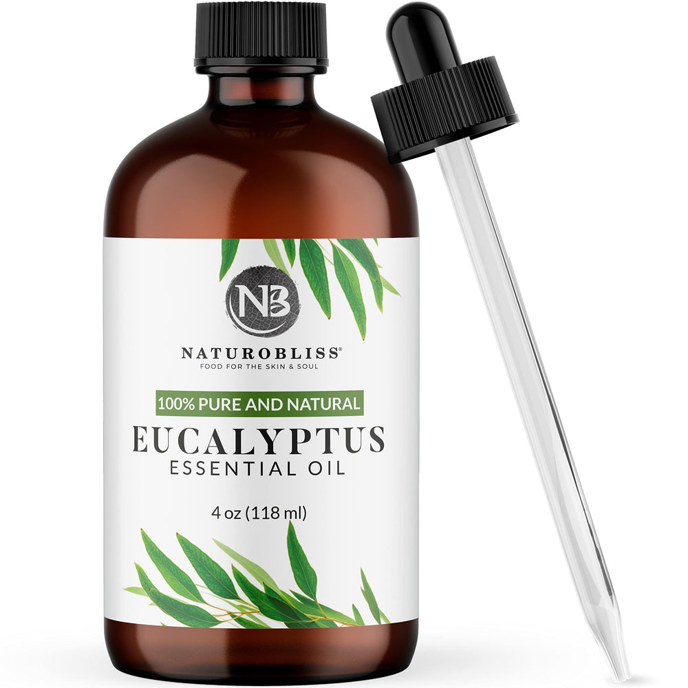 NaturoBliss Eucalyptus Essential Oil 4oz in amber glass bottle
