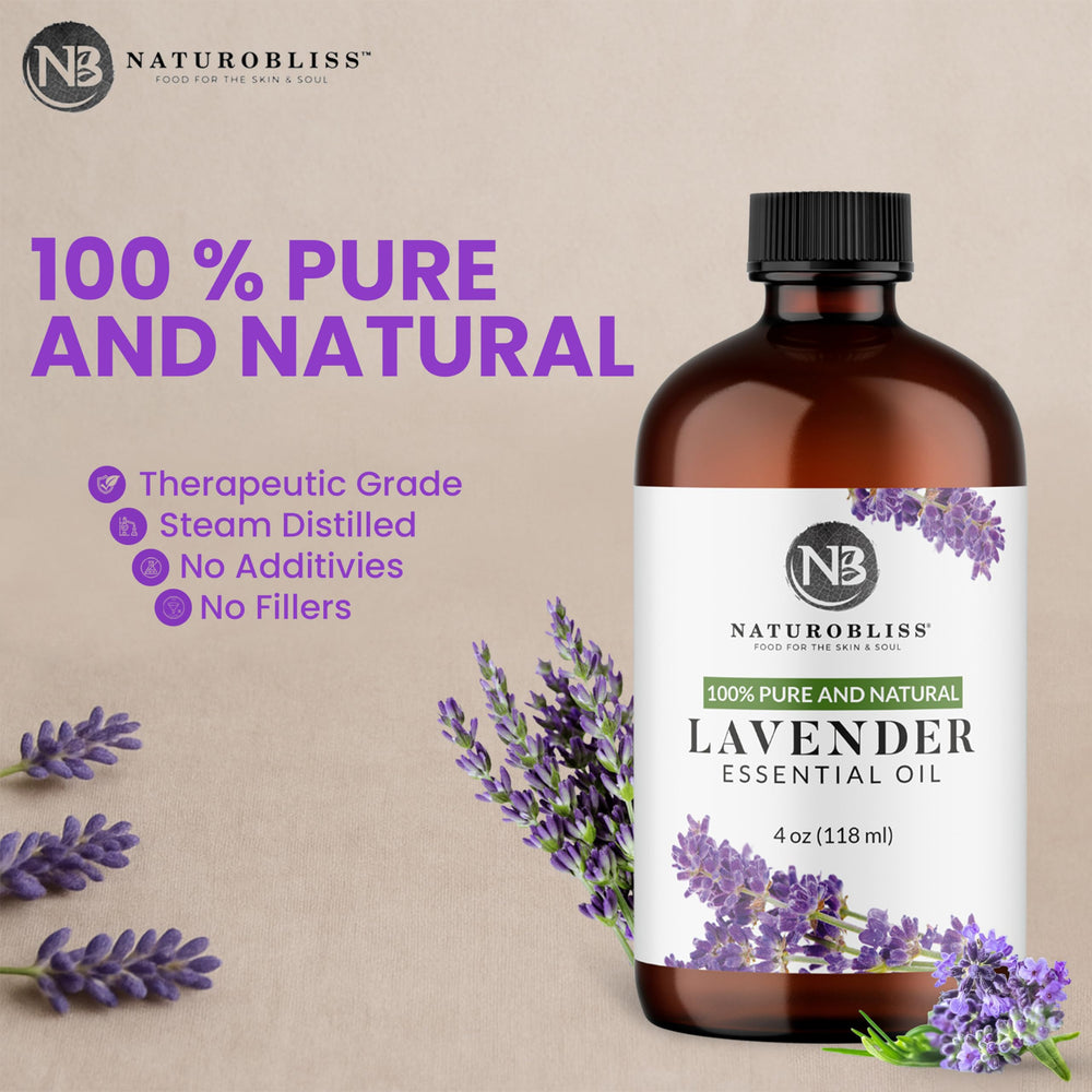 Close-up of NaturoBliss lavender oil label on amber bottle