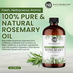 Dark glass bottle of NaturoBliss rosemary essential oil