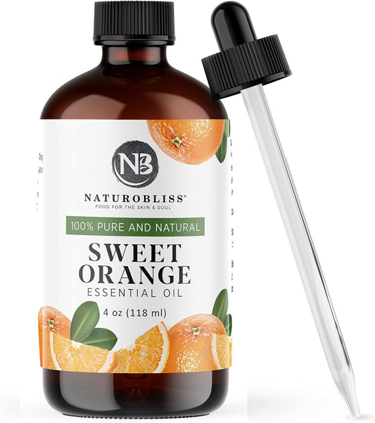 Amber glass bottle of NaturoBliss Sweet Orange Essential Oil with dropper