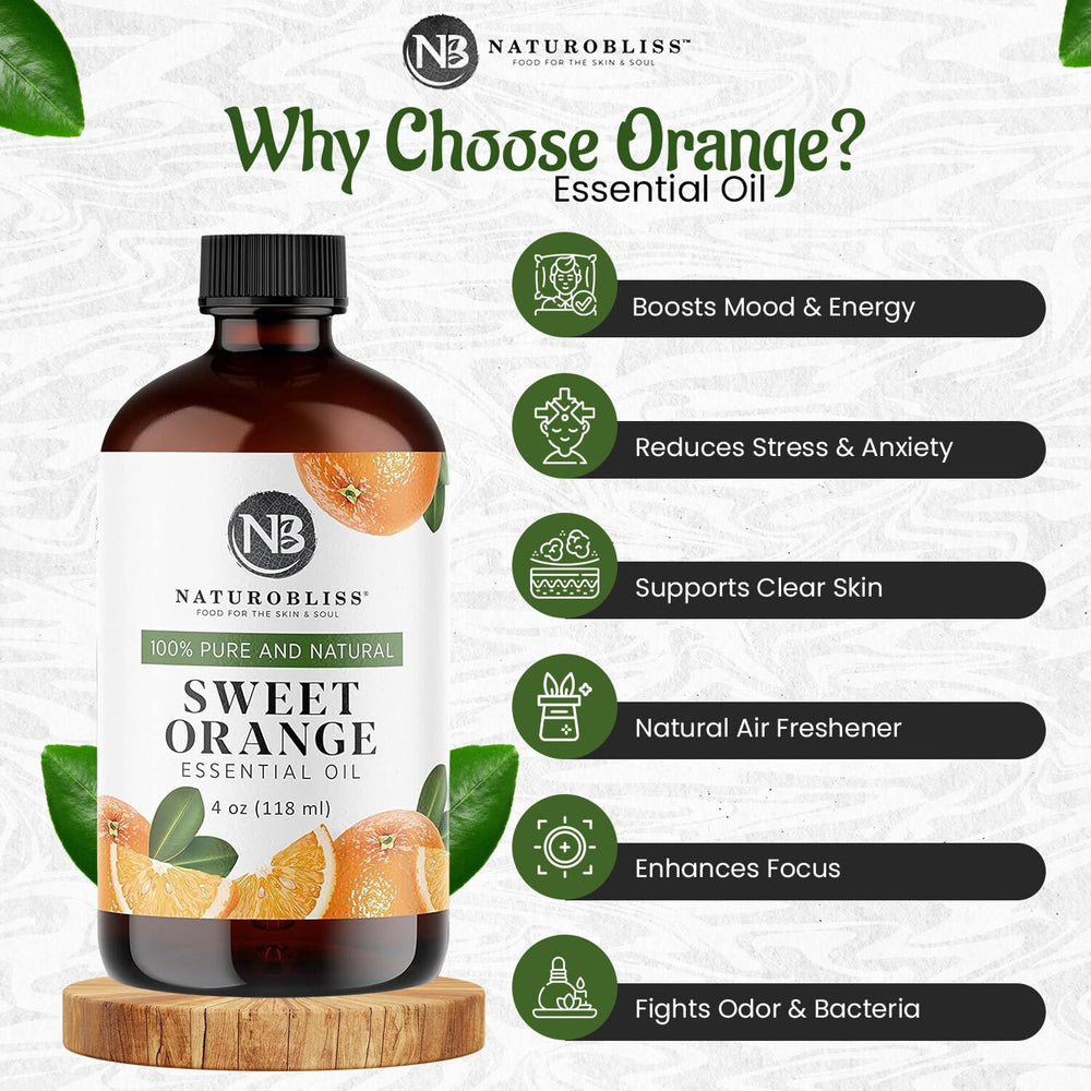 Close-up of NaturoBliss Sweet Orange Essential Oil in an amber bottle