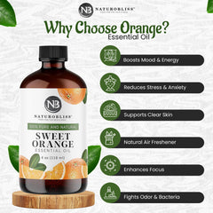 Close-up of NaturoBliss Sweet Orange Essential Oil in an amber bottle