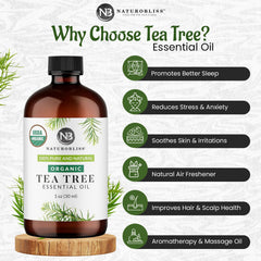 Amber glass bottle of 100% pure tea tree oil