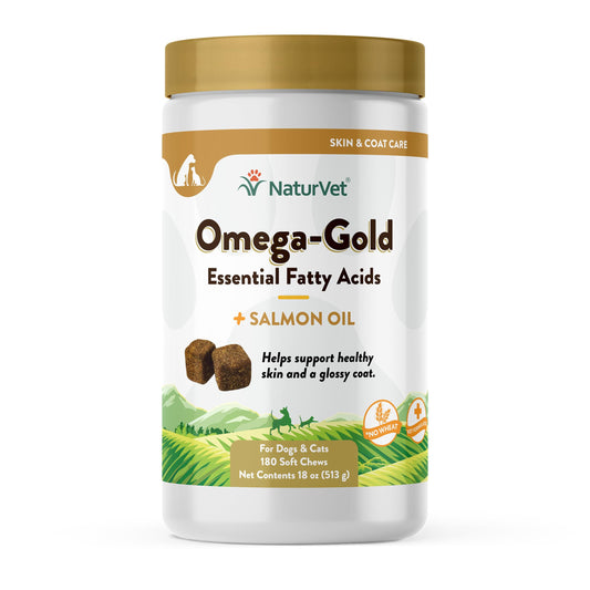 NaturVet Omega-Gold Plus Salmon Oil bottle on white background