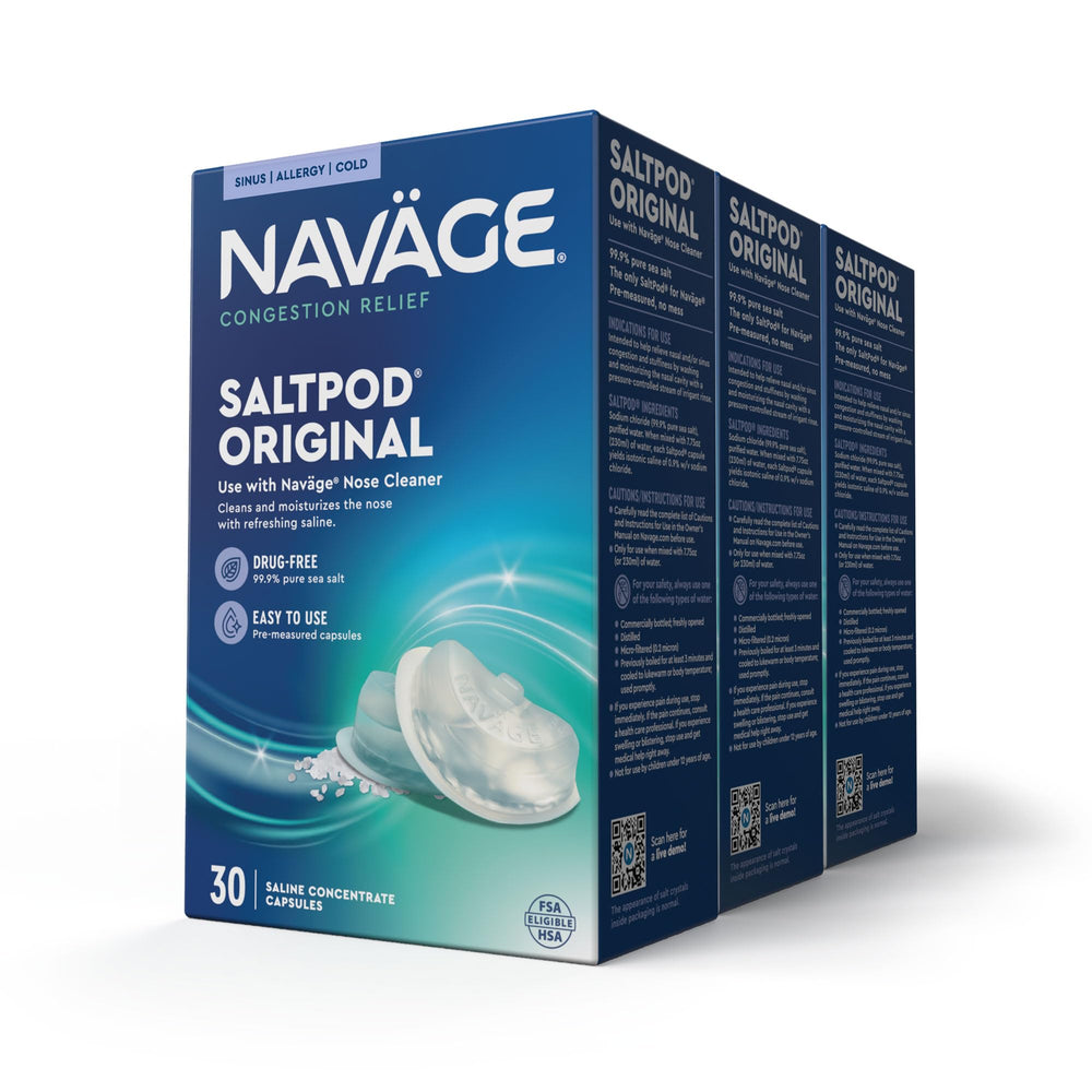 Navage SaltPod bundle packaging showcases 90 pods for easy, mess-free nasal relief.