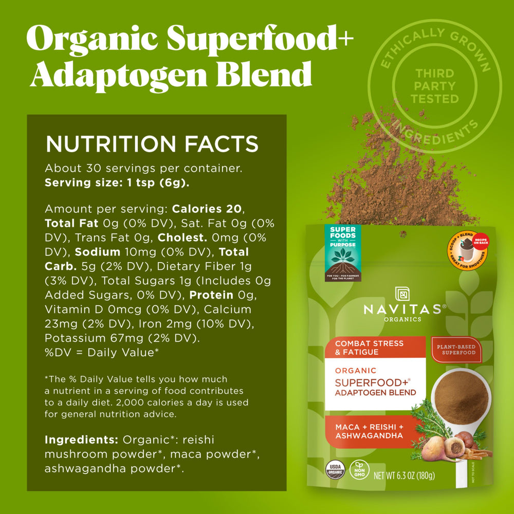 Close-up of maca, reishi and ashwagandha ingredients