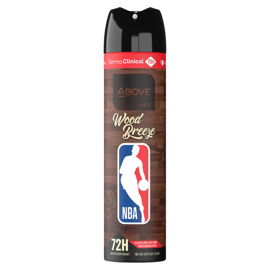 NBA Above Wood Breeze bottle-front showcasing premium packaging and fast-dry protection.