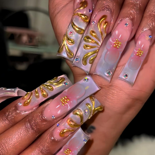 NBNTGH Gold press-on nails with flower rhinestone design for chic evenings.