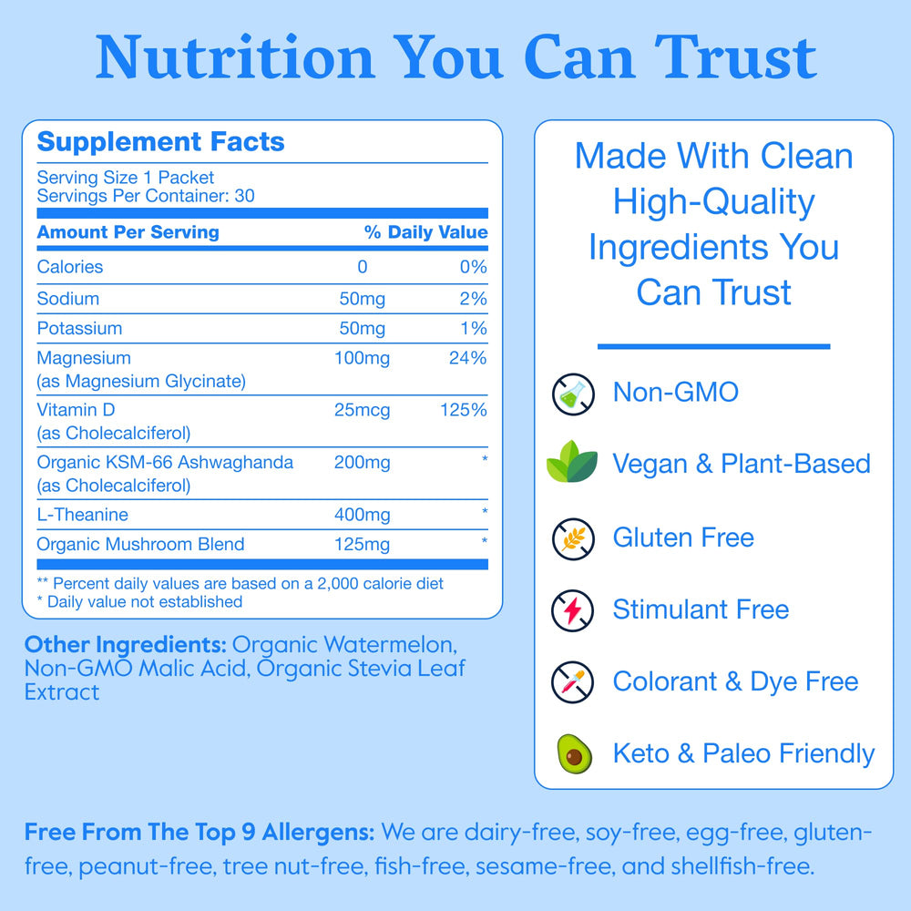Ingredient highlights include magnesium glycinate, ashwagandha, L-Theanine