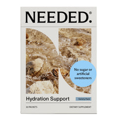 Needed hydration packets box display for convenient daily hydration.