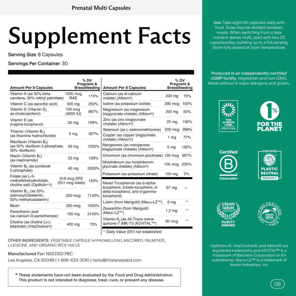 Front label view of Needed Prenatal Multivitamin with Choline
