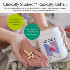 Needed prenatal detailed nutrition label highlights B12, Choline, and Vitamin D3 dosages.