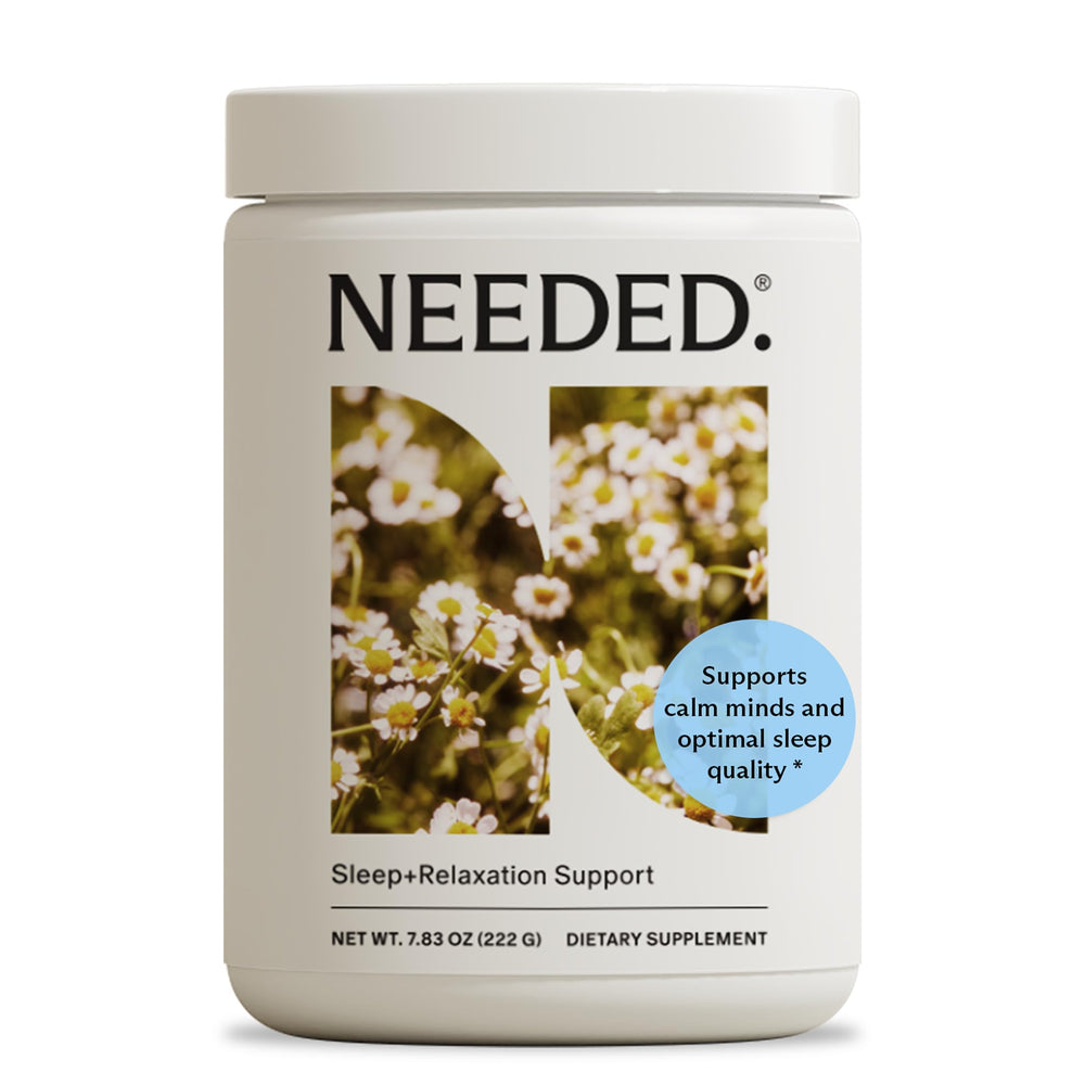 Needed Sleep magnesium chamomile powder bottle promotes relaxation for a calm night.