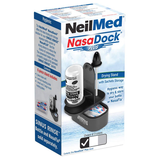 NeilMed NasaDock Plus Stand Black front view shows organized drying rack for nasal rinse bottles