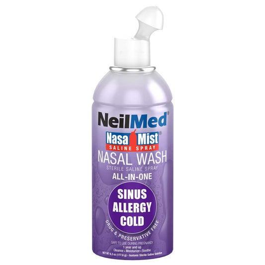 NeilMed NasaMist bottle closeup for daily gentle nasal care.