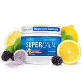 Front view of Nello SuperCalm powder drink mix tub - Blue Coconut flavor