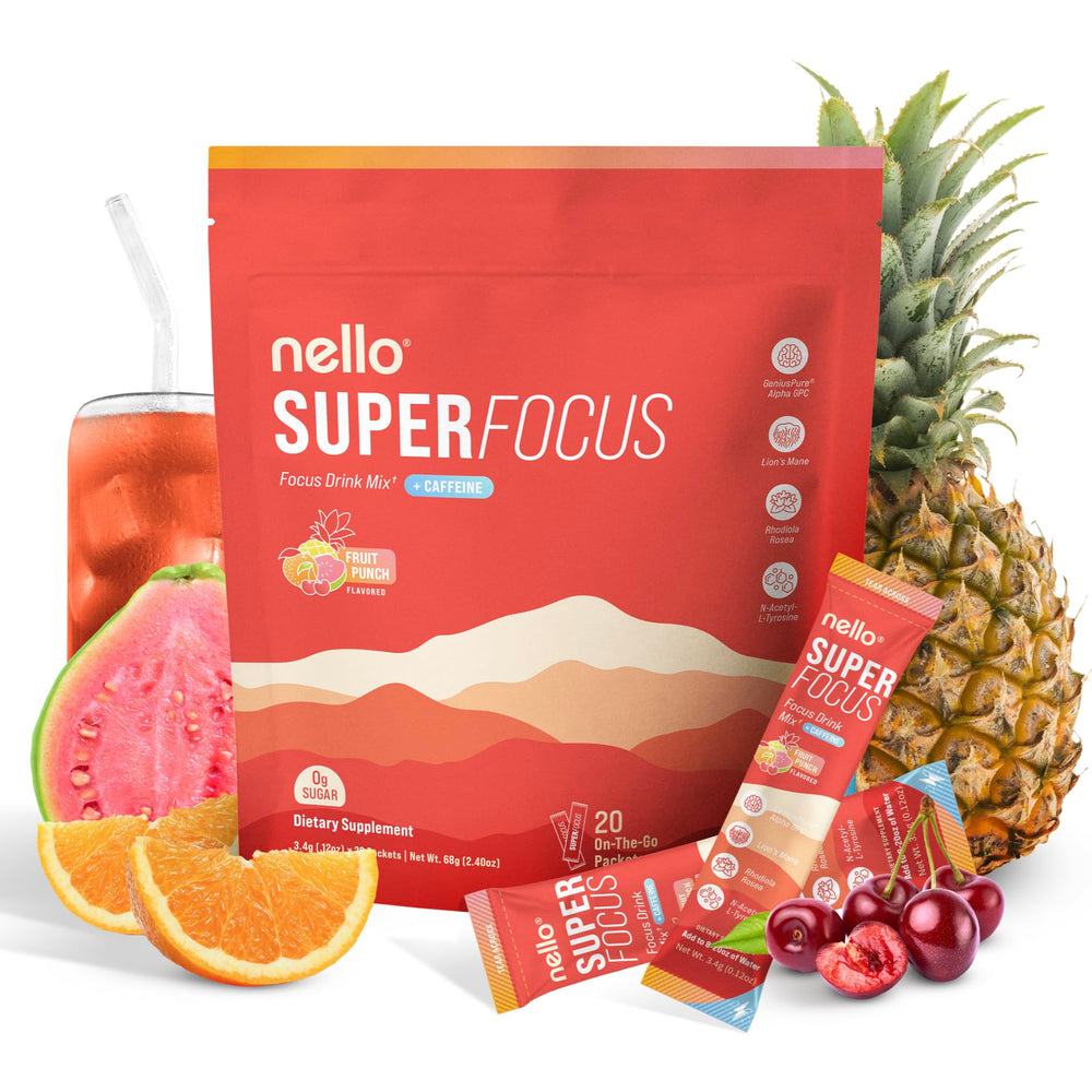 Nello Superfocus Fruit Punch stick pack for on-the-go focus, sugar-free.