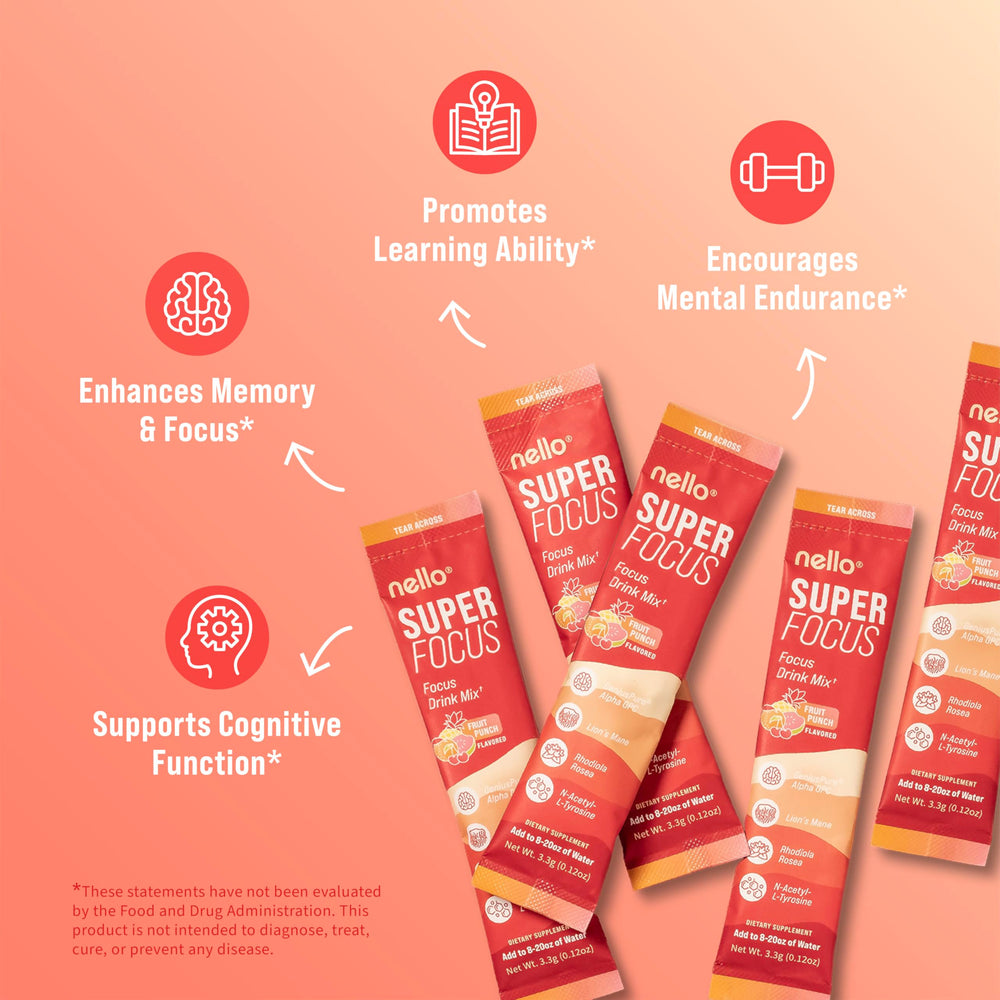 Nello Superfocus ingredients icon featuring alpha GPC and lion’s mane for focus.