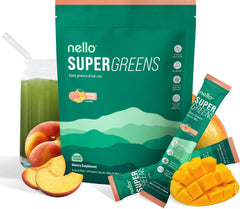 Nello Supergreens bottle with mango-peach flavor for daily energy support