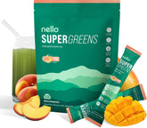 Nello Supergreens Mango Peach canister with scoop