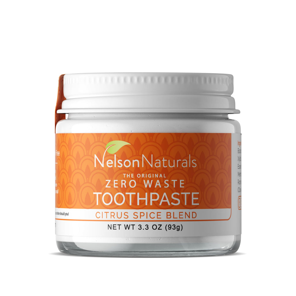 Nelson Naturals Citrus Spice Blend Fluoride Free Toothpaste in a glass jar - front view.