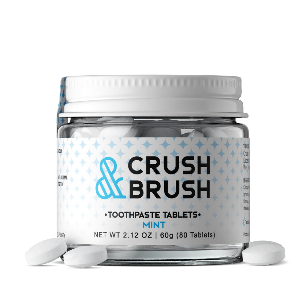 Nelson Naturals Crush & Brush Mint toothpaste tablets in a reusable glass jar