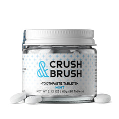 Nelson Naturals Crush & Brush Mint toothpaste tablets in a reusable glass jar