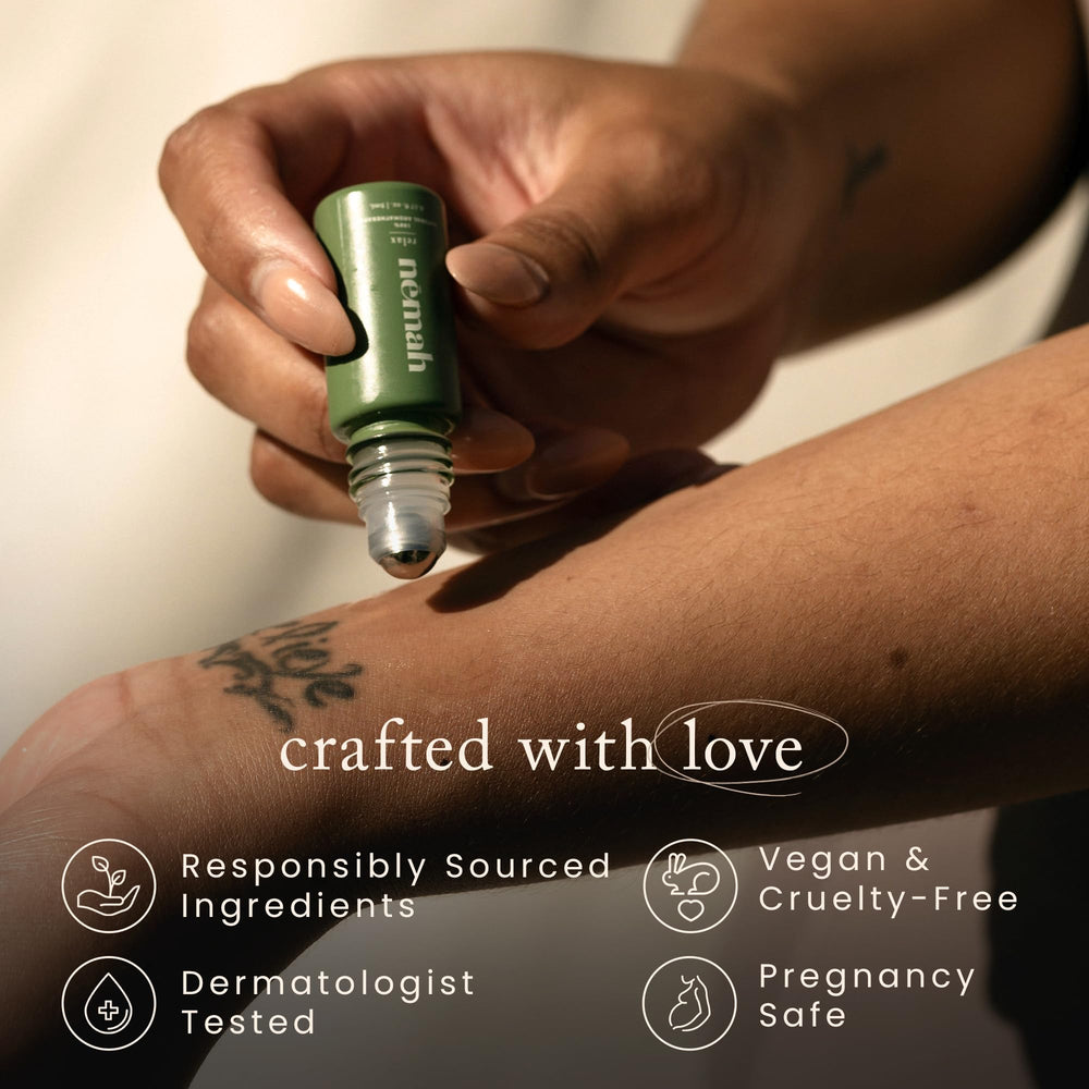 How to use Nemah Aromatherapy Roll On: apply to palms, wrists, neck, and temples