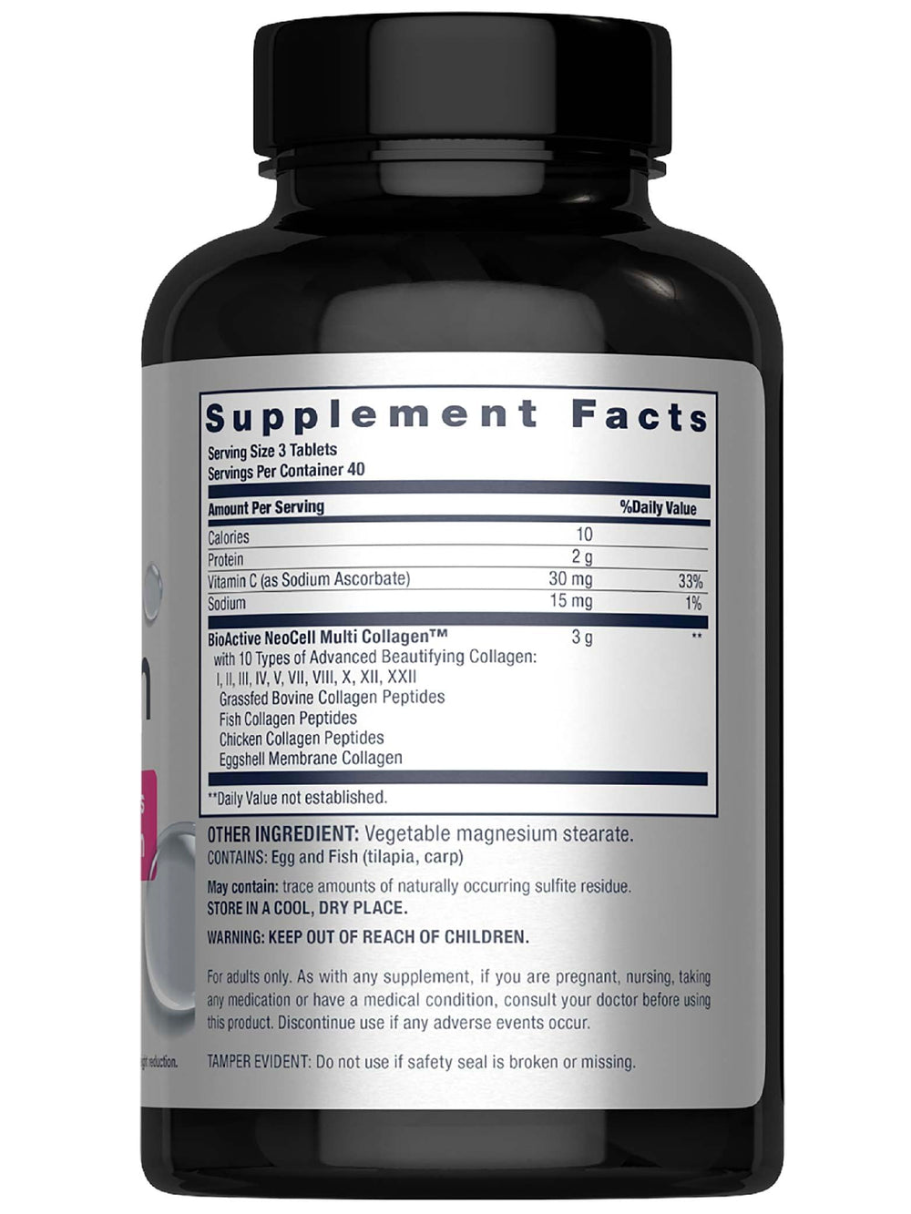 Close-up of label highlighting 10 types of collagen