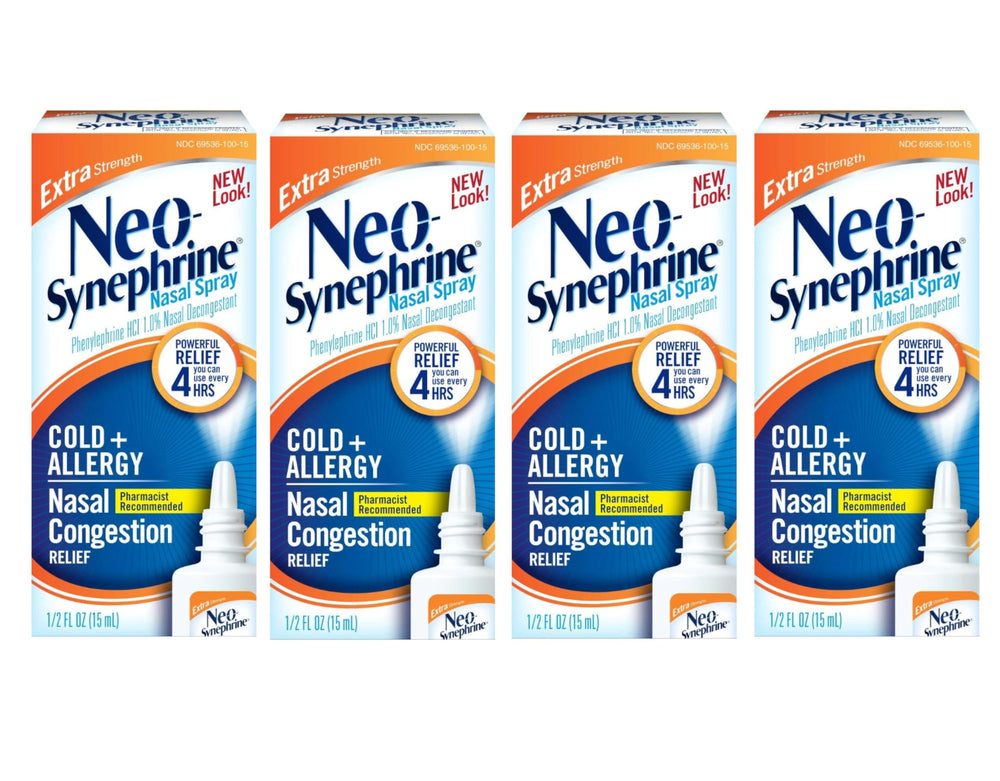 Neo-Synephrine nasal spray bottle front for quick congestion relief during cold or allergy season.