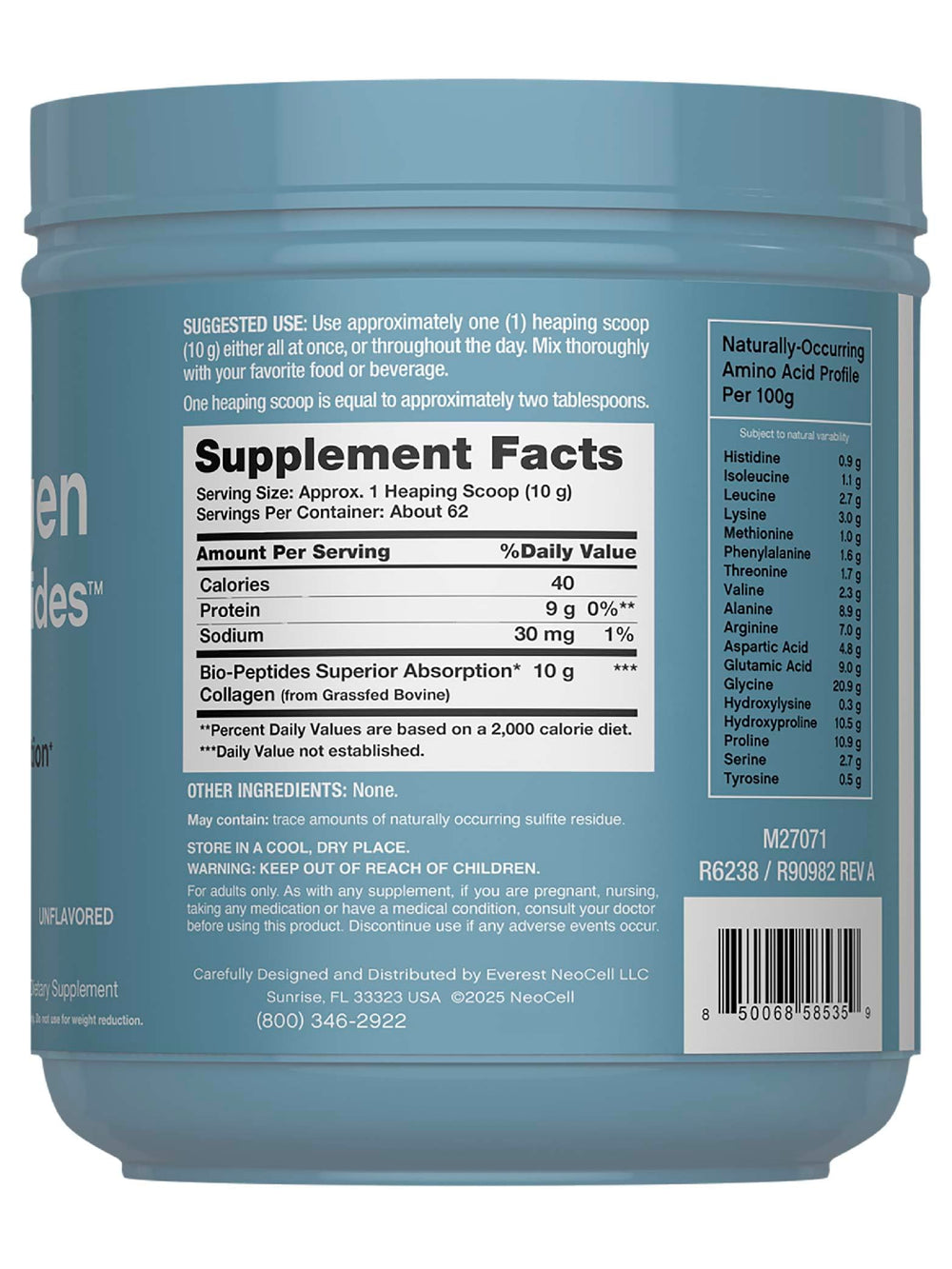 Nutrition label back of NeoCell Collagen Bio-Peptides Powder 22oz