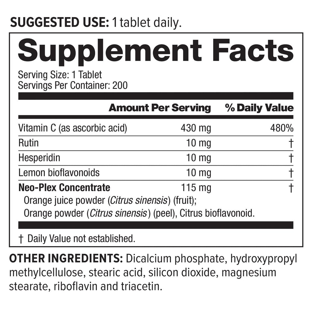 Close-up of NeoLife Super C ingredients including rutin, hesperidin and bioflavonoids