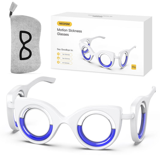 NEOISM motion sickness glasses show visual stabilization for steadier travel views.