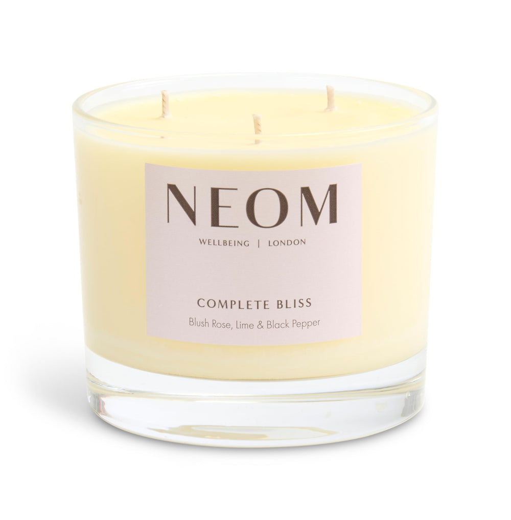 Aromatherapy profile of NEOM Complete Bliss with rose, lime and pepper notes.