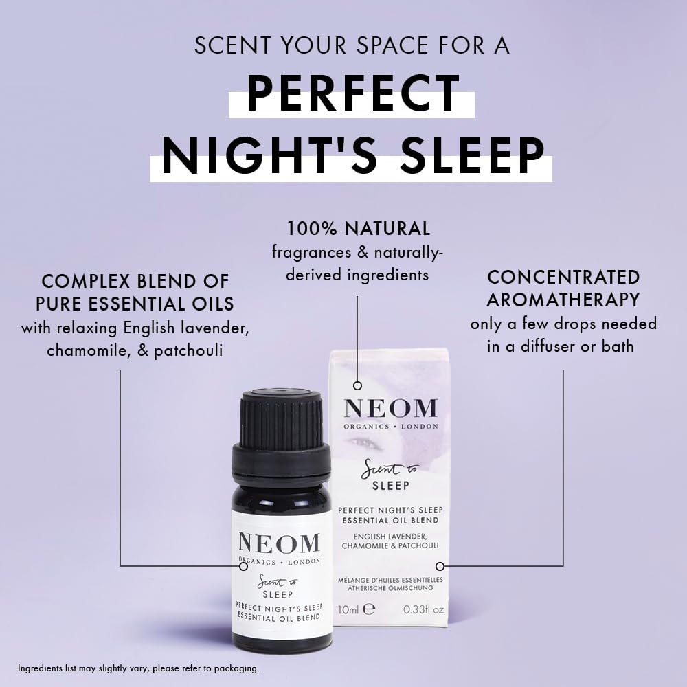 Close-up of NEOM Essential Oil Blend 10ml label with Lavender Basil Jasmine