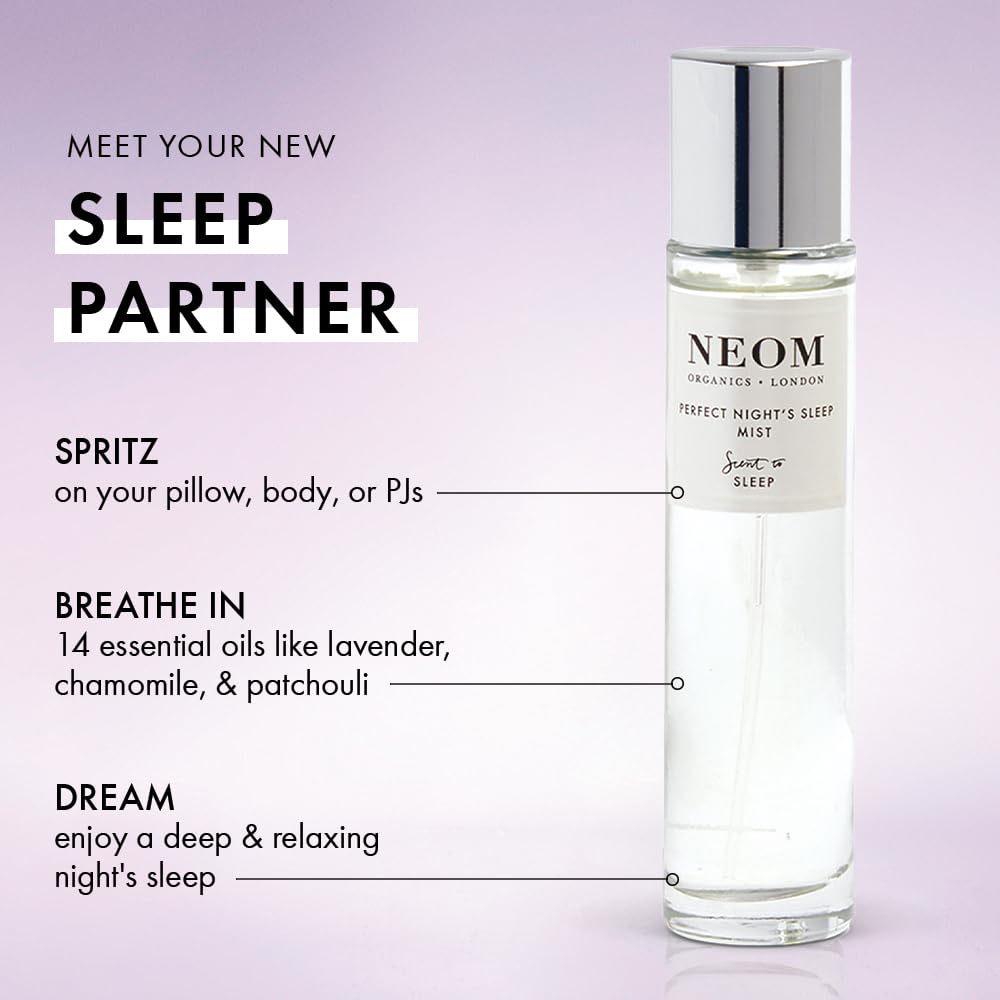 Close-up of Neom Sleep Mist bottle with lavender and chamomile