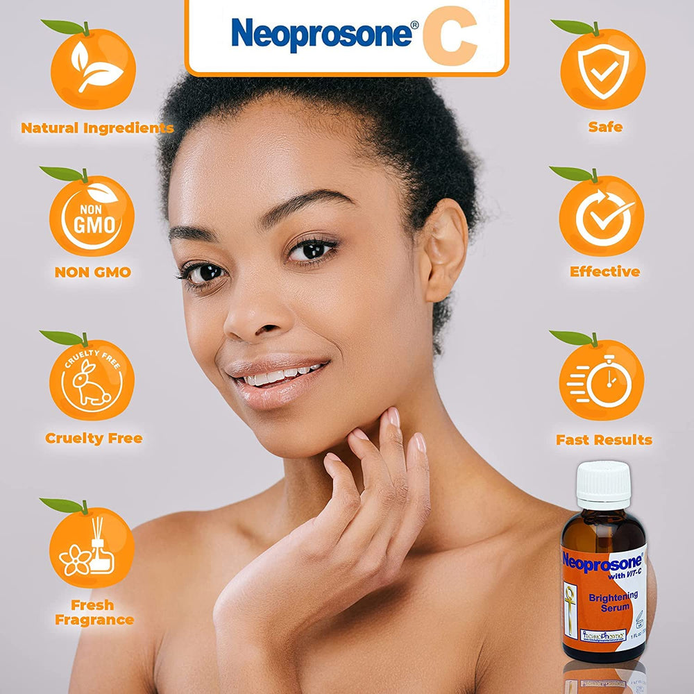 Neoprosone Vitamin C Serum illuminated by soft light enhances glow